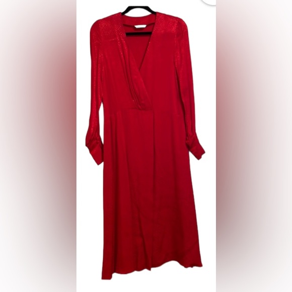 Long sleeve Red Satiny Snake Print V neck Midi Dress. - Picture 1 of 8